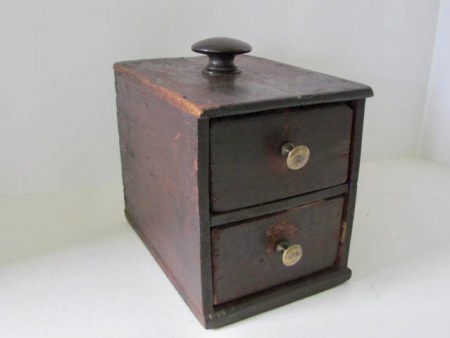 TABLE TOP 18TH C 2 DRAWER APOTHECARY OR SPICE CHEST ORIGINAL SPANISH BROWN PAINT