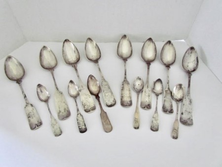14 Antiques Coin Silver Spoons, Teaspoons and Serving Spoons