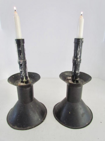 Pair of Early 19th. century, Tin and Sand Weighted Shopkeeper Candlesticks