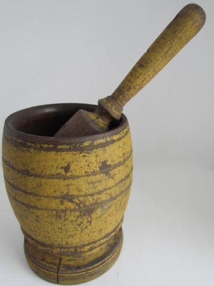 19th. century, Yellow Painted Mortar and Pestle