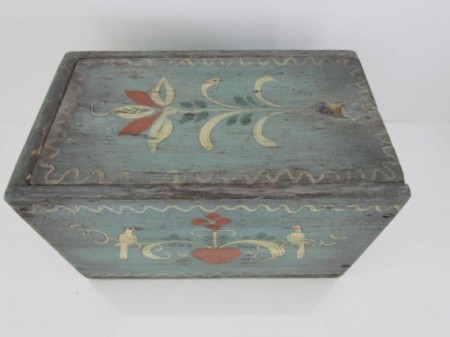 Fabulous, 19th. century Blue Painted Box w/Bird/Heart