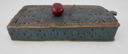 18th. century Chip Carved, Blue Painted Slide Lid Box