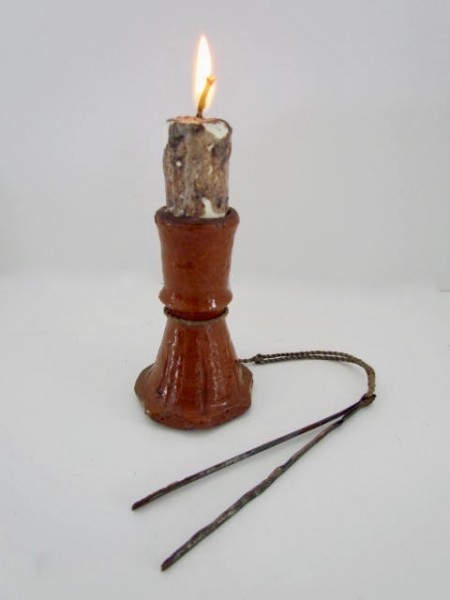 Fabulous Small Redware Candlestick w/Unusual Wick Pick