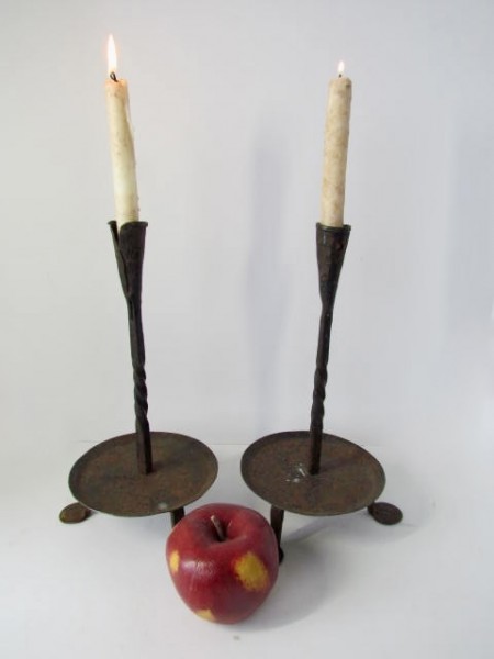 Pair of Forged Iron, Penny Foot Candlesticks