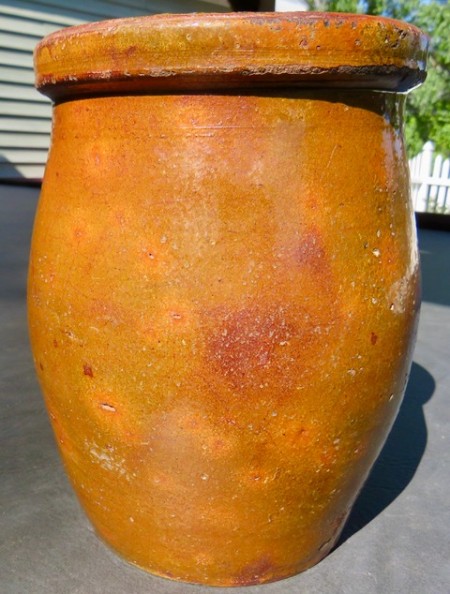 ME or NH REDWARE PRESERVE JAR WITH SPOTS
