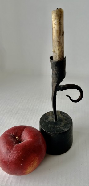 17th/18th. century Wrought Iron Candlestick, Wood Base